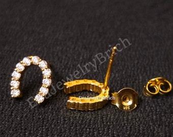 Round Cut Dainty CZ Stud Earrings 14K Gold Plated Horseshoe Earrings Fun and Quirky, Jewelry for Good Luck Tiny Stud Earrings Christmas Gift