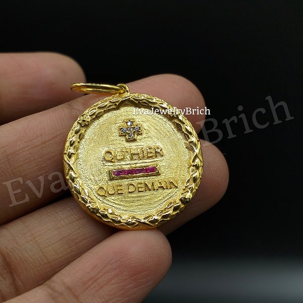 Augis love charm qu'hier - que demain vintage Jeton rond Médaille d'amour Antique Que Demain Medal Pendentif pour cadeau Plaqué or 14 carats