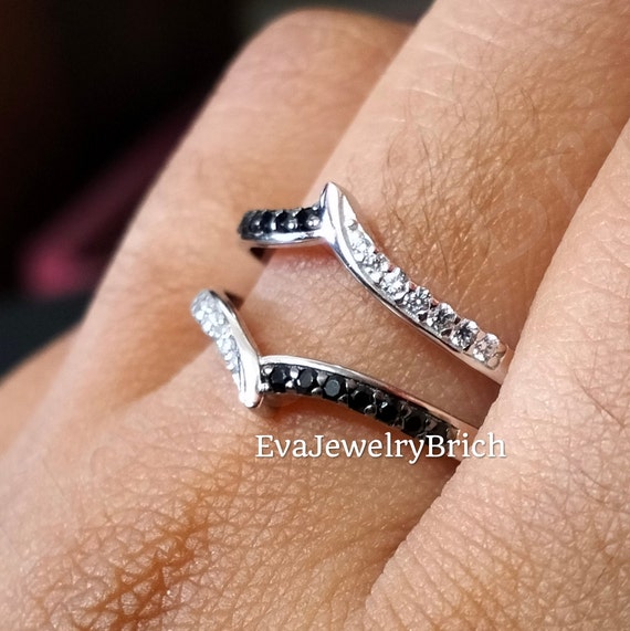 Round Cut White Black Diamond 14K White Gold Plated Wedding  Engagement Enhancer Wrap Band Deliciated Ring Guard Gift for Women's
