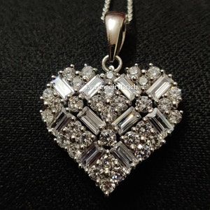 Baguette Cut Diamond Cluster Heart Pendant 14K White Gold Plated Heart Necklace - Valentine’s Day Gift - Birthday Gift - Best Gift For Her