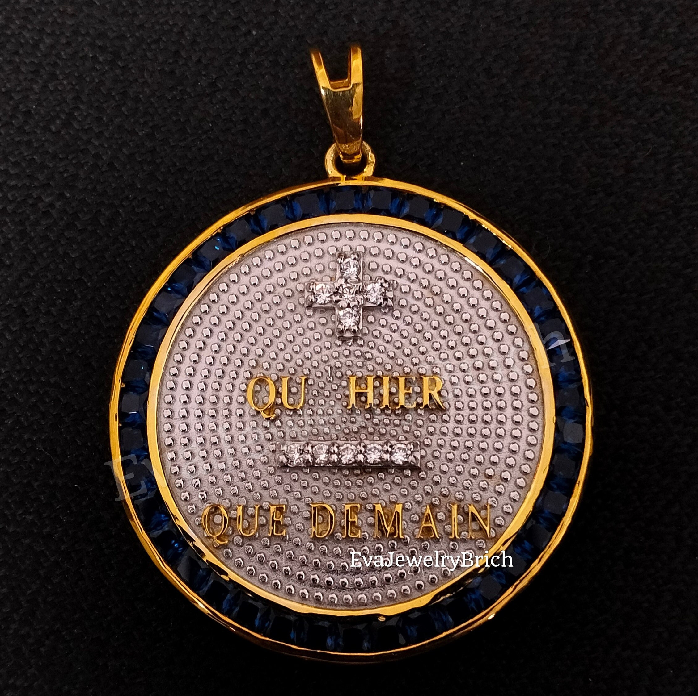 Blue Sapphire love charm qu'hier - que demain vintage Round token Antique Que Demain Medal Pendant For Gift 14K Gold Plated