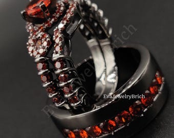 Beautiful 2.3CT Round Cut Garnet Wedding Engagement Bridal Trio Ring Set 14k Black Gold Plated Black Couple Ring Set Wedding Gift For Couple