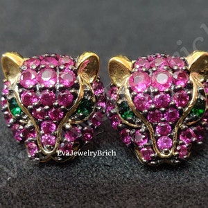 Panther Stud Earrings, Animal Lover Earring Wild Animal Earrings, Gift For Graduation Christmas Gift Emerald Eye Ruby 18k Gold Plated Studs