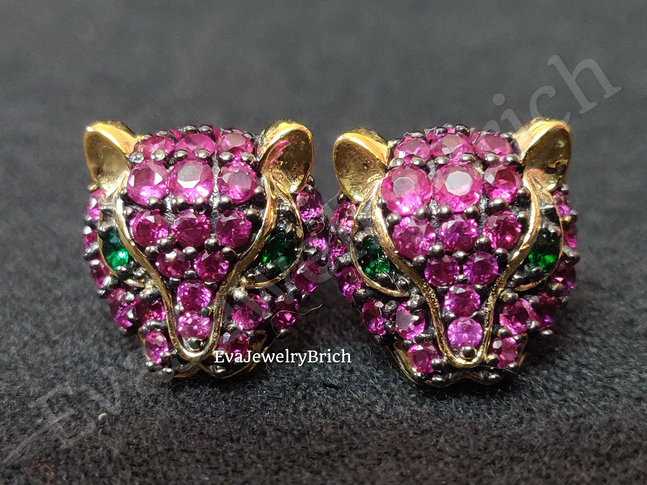 Panther Stud Earrings, Animal Lover Earring Wild Animal Earrings, Gift For Graduation Christmas Gift Emerald Eye Ruby 18k Gold Plated Studs