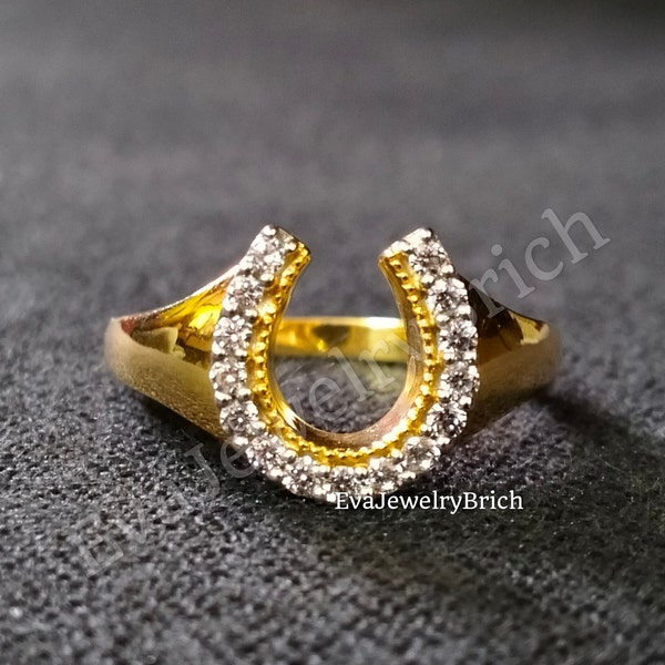 Vintage Ring Diamond Horseshoe Ring - Retro 14k Yellow Gold Good Luck Equestrian Horse Statement Ring, Horseshoe Designer Engagement Ring