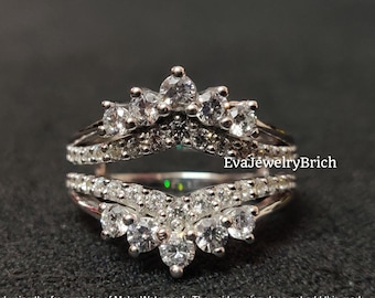 2.25Ct Round Cut White Diamond 14K White Gold Plated Cluster Crown Solitaire Wedding & Engagement Enhancer Ring Guard Band Gift for Women&#39;s