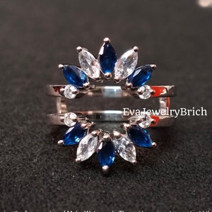 2Ct Marquise Cut Blue Sapphire & Diamond 14K White Gold Plated Wedding Engagement Sunburst Enhancer Wrap Guard Ring for Women&#39;s Gift for Mom