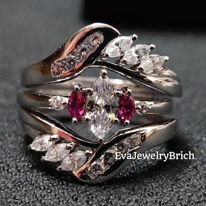 3.50Ct Marquise Cut Diamond & Ruby 14k White Gold Plated 3 Stone Wedding Ring With Enhancer Ring Guard For Women&#39;s