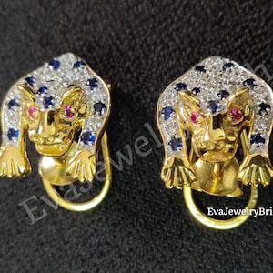 Diamond & Gemstone Panther Stud Earring, Jaguar Earrings, Animal Lover Earring Claw Earrings, Christmas Day, Valentine's Day 14K Gold Over