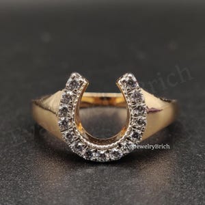 Vintage Ring Diamond Horseshoe Ring - Retro 14k Gold Plated Good Luck Equestrian Horse Statement Ring, Horseshoe Designer Engagement Ring