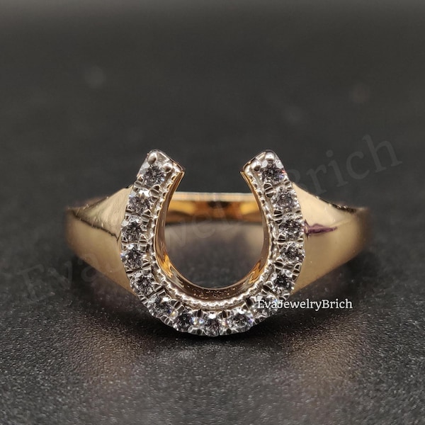 Vintage Ring Diamond Horseshoe Ring - Retro 14k Gold Plated Good Luck Equestrian Horse Statement Ring, Horseshoe Designer Engagement Ring