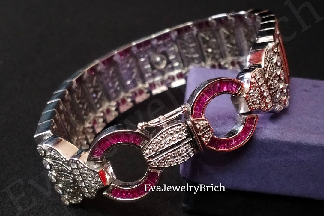 10CT Baguette/round Cut Ruby & Diamond 14K White Gold Plated