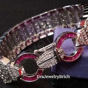 10CT Baguette/Round Cut Ruby & Diamond 14K White Gold Plated Art Deco, Woman&#39;s Estate Jewelry, Wedding Bracelet Victorian Design Bracelet