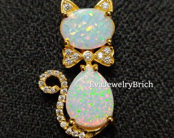 3Ct Pear & Opal Cut Fire Opal 14k Yellow Gold Plated Opal Cute Kitty Cat Pendant Beautiful Gift For Women's