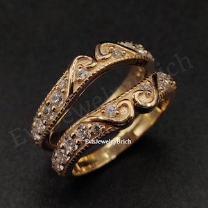 Real Moissanite Milgrain Style Enhancer Band Wedding Enhancer Ring Wedding Jacket Ring Guard - Anniversary Gift Jewelry 14k Rose Gold Plated