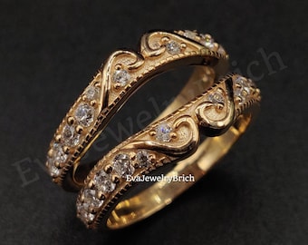 Anillo de boda con moissanita auténtica y milgrain, protector de anillo para chaqueta de boda, regalo de aniversario, chapado en oro rosa de 14 k.