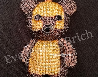 Brown Diamond Teddy Bear Charm Pendant, Iced Out Teddy Bear Pendant, Hip Hop Pendant 14K Rose Gold Plated Christmas Gift, bear Necklaces
