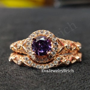 2.10Ct Round Cut Amethyst 14K Rose Gold Plated Vintage Bridal Set, Unique Engagement Ring Set, Art Deco Amethyst Anniversary Promise Rings