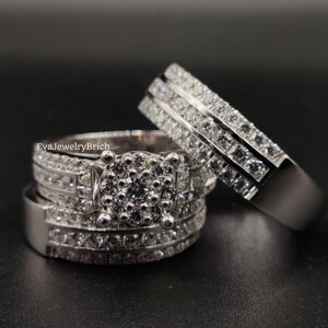 Wedding Band Trio Ring Set | Matching Engagement Ring Set Bridal Trio Set | Men&#39;s Women&#39;s Gift | Silver Trio Ring Set | Unisex Diamond Rings