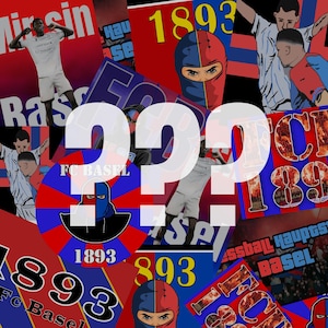 Puede incluir: Un collage de pegatinas con el logotipo del FC Basilea, los colores del equipo, rojo y azul, y el año 1893. Las pegatinas están dispuestas en un patrón aleatorio y algunas están parcialmente oscurecidas por un gran signo de interrogación blanco.