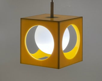 Kultige Space Age Hängelampe Richard Essig - Gelbes Minimalistisches Cube Design - 1970er Jahre Retro-Futuristische Beleuchtung Made in Germany