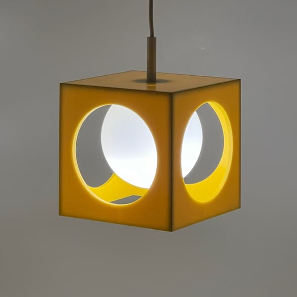 Iconic Space Age Hanging Lamp Richard Essig  - Yellow Minimalistic Cube Design - 1970s Retro-Futuristic Lighting Made in Germany