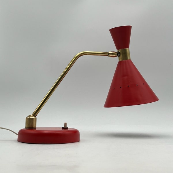 Stilnovo 1960s Vintage Lampe - Messing Metall Rotes Licht Made in Italy - MCM Seltene Tischlampe Megaphon Diablo Design