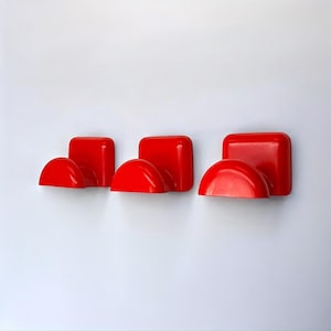 Mid Century Modern Coat Hangers - Red Plastic Wall Hooks Made in Italy by BILUMEN - Castiglioni Design - Set of 3