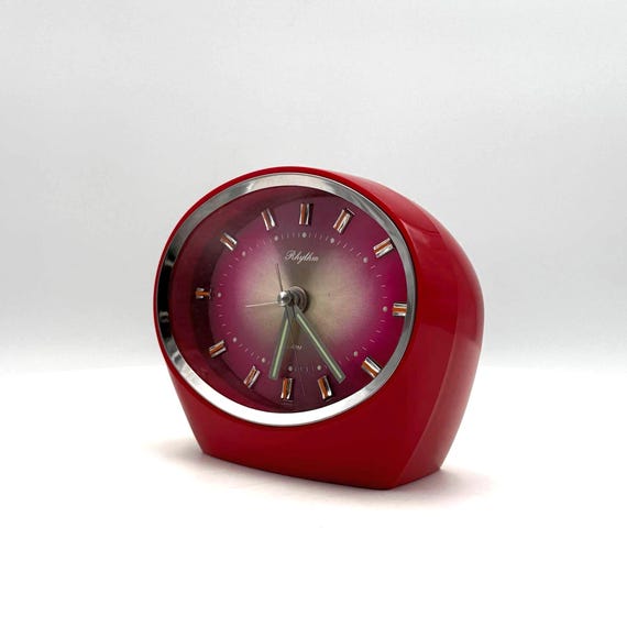Vintage Rhythm Alarm Clock: Glossy Red, Chrome, Atomic Era, Made