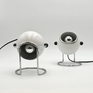 Space Age 1970s Eyeball Lamps - Pair of Targetti Vintage Table Lights, Chrome & White, Mid-Century Modern