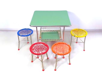 Charming 60s Kids Table with 4 Colourful Folding Chairs – Vintage Children Furniture Set - Back To School Gifts - Outdoor Set