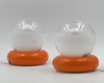 Stunning Table Lamps Targetti Sankey - Pair of Desk Lights in Orange and Opaline Glass - 1960s 1970s Italian Design