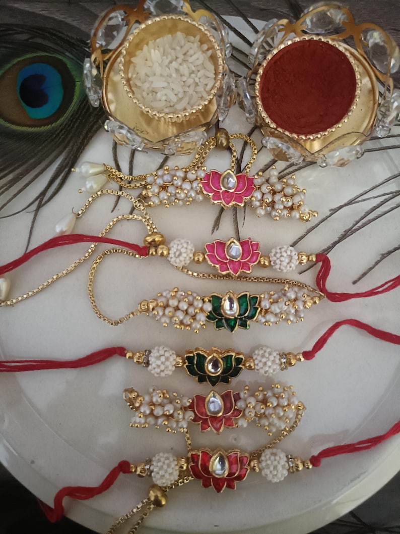 Rakhi Combo Set For Brother - 6 PC Designer Rakhi With Rudraksh, Bracelet, Greeting Card For Rakshabandhan