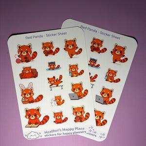 May include: Two sticker sheets with red panda designs. Each sheet has the text "Red Panda - Sticker Sheet" and "Heather's Happy Place stickers for happy planners". The stickers are orange and white, ideal for planners.