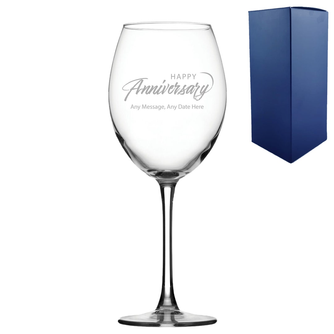 Engraved Happy Anniversary Wine Glass, Any Message, 19oz, Script Design ...