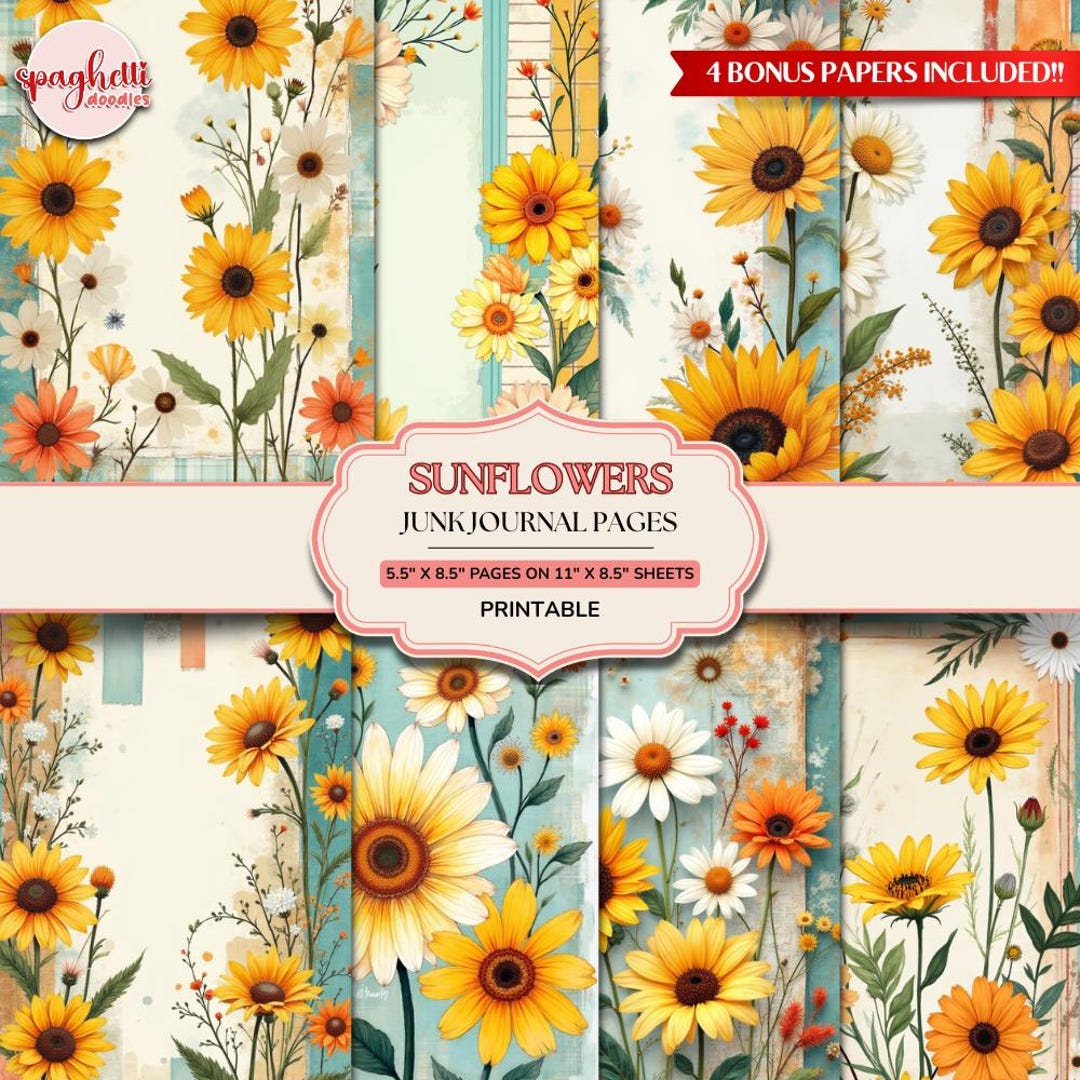 Sunflowers Junk Journal Paper | Floral Scrapbook | Decoupage Paper and ...