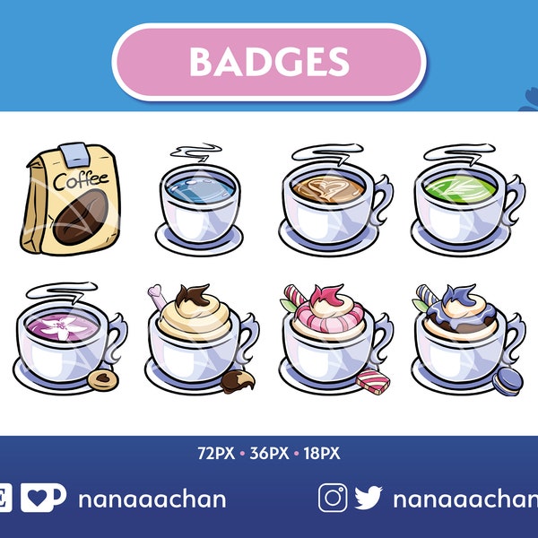 Tazas de café de café - Subinsignias - Twitch Stream - Streamer - Granos de café - Matcha - Flor de cerezo - Crema de galletas - Latte de arándanos