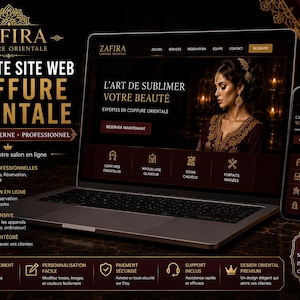 Peut inclure: Un modèle de site web pour Zafira Coiffure Orientale affiché sur un écran d'ordinateur portable et de smartphone. Le design présente une palette de couleurs sombres avec du texte doré, mettant en avant les services et la réservation.