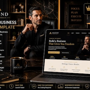 Peut inclure: Un modèle de marketing numérique pour coachs d'affaires avec le logo Ascend. L'image présente un écran d'ordinateur portable avec une mise en page de site web, une tasse noire, un carnet et une boîte de produit sur un fond sombre et élégant.