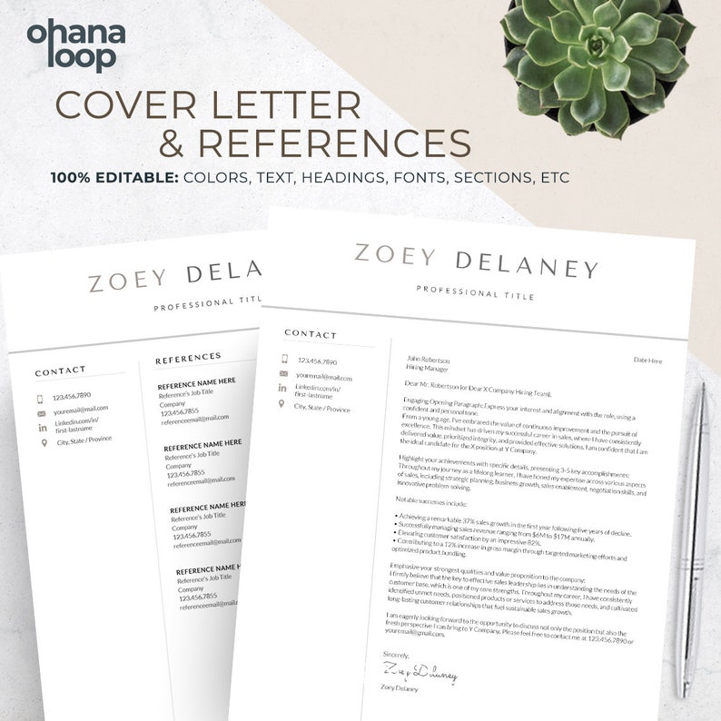 May include: A black and white resume template with the text "Cover Letter & References" at the top. The template is 100% editable and includes sections for contact information, references, and a cover letter.
