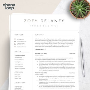 May include: A black and white resume template with the name "ZOEY DELANEY" at the top. The resume includes sections for contact information, skills, experience, education, and a summary.