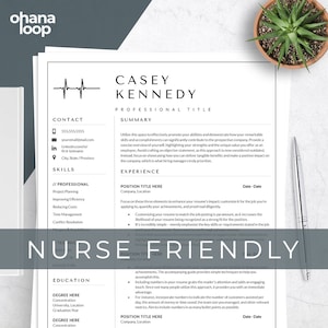May include: A black and white resume template with the title "Nurse Friendly" in a gray box. The resume template includes sections for contact information, skills, professional experience, education, and a summary section.