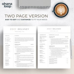May include: A two-page resume template with a modern design. The template includes sections for contact information, summary, skills, experience, education, memberships, references, and professional development. The template is easy to edit and customize to fit your needs.