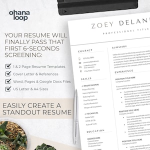 May include: A resume template with a checklist of features, including 1 & 2 page resume templates, cover letter and references, word, pages and google docs files, US letter and A4 sizes. The template is designed to help you create a standout resume. The resume template is shown next to a sample resume with contact information, skills, education, summary, and experience sections.