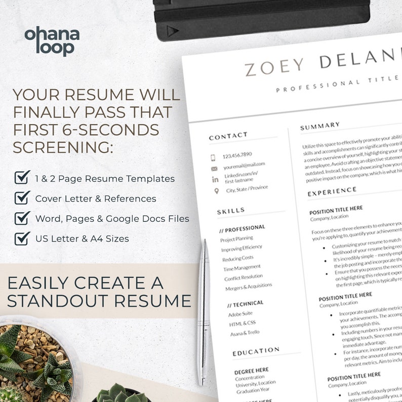 May include: A resume template with a checklist of features, including 1 & 2 page resume templates, cover letter and references, word, pages and google docs files, US letter and A4 sizes. The template is designed to help you create a standout resume. The resume template is shown next to a sample resume with contact information, skills, education, summary, and experience sections.