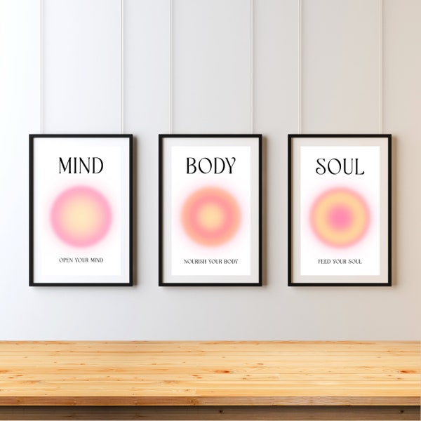 Mind Body Soul Aura Poster 3 Piece Wall Art, Aura Energy Spiritual Gradient Set of 3 Prints, Y2K Aesthetic Room Decor Spiritual Zen Wall Art
