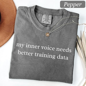 May include: A charcoal grey crew neck t-shirt with the white text "my inner voice needs better training data" printed on the front. The shirt features a Comfort Colors brand label at the inner neckline and a thin gold-toned chain necklace.