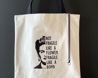 Frida Kahlo | fragile like a bomb | Embroidered fabric bag | 100% cotton | 220g/m2 | Black webbing | White | Inner compartment | Lanyard