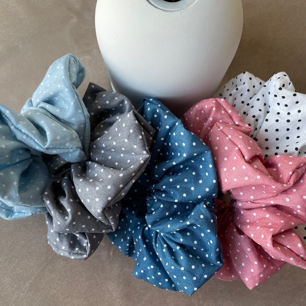 Scrunchie Baumwolle kleine Punkte in Jeansblau/Grau/Rosa/Weiß/Hellblau