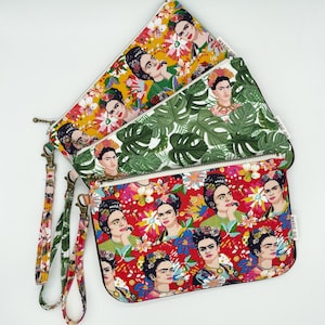 Täschchen mit Griff | Kleine Handtasche | Pouch | Baumwolle | Paspelband | Monstera | Frida Kahlo | Kunstleder | Metallreißverschluss